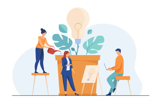 Business team discussing new ideas and innovations. Group of people growing lightbulb plant. Vector illustration for teamwork, ecology, innovation, growth, eco energy concept